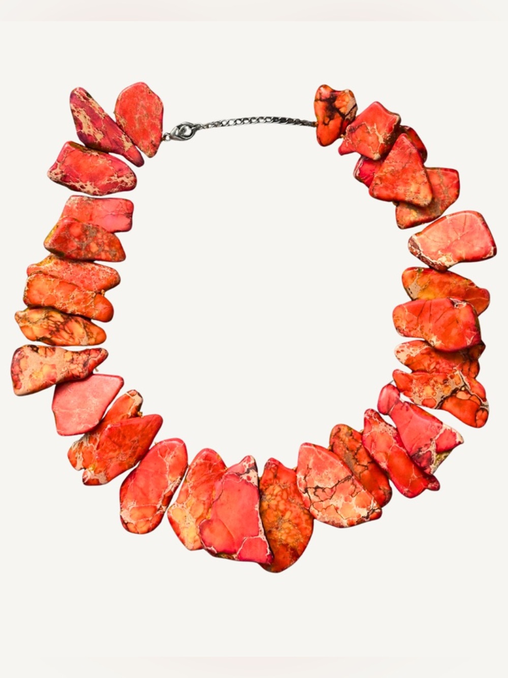 Coral Ornage Jasper Slab Sterling Bib Adjustable Necklace 18-21”